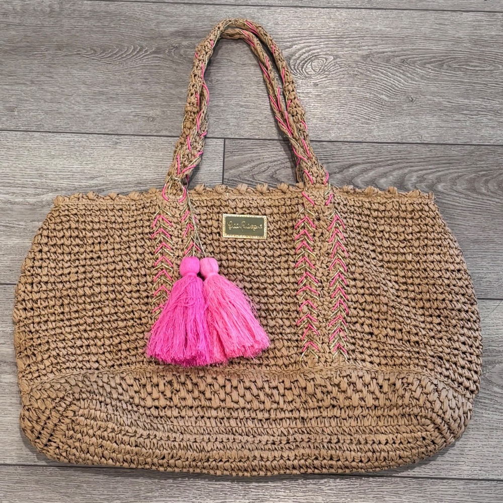 Lilly Pulitzer Natural Nosara Straw Tote Bag Womens Large Pink Tassel Beach Bag - Picture 1 of 9